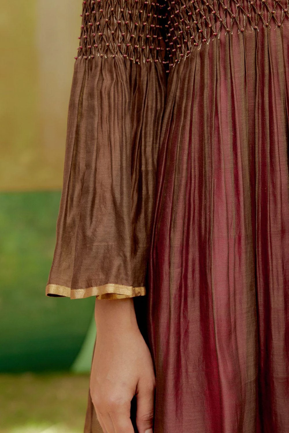 SWGT Brown Silk Chanderi Bead Dress 5 SWGT Brown Silk Chanderi Bead Dress - Image 5