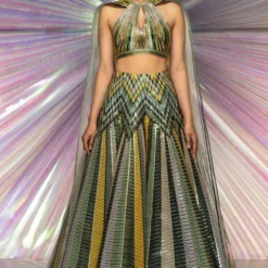 Amit Aggarwal Striped Metallic Starburst Green Lehenga Set