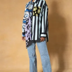 Dhruv Kapoor Blue Patchwork Asymmetric Shirt -Cheap Drapvera Store 3111dk10 3