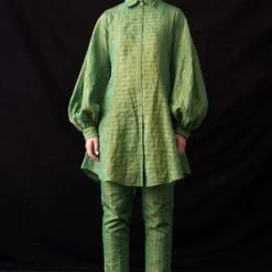 Amrich Nura Fresh Green Hand-Woven Metallic Stripe Shirt