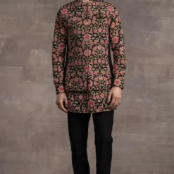 Tarun Tahiliani Men Black & Pink Floral Quilted Bundi Jacket Set