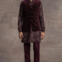 Tarun Tahiliani Men Wine Velvet Jacket Set