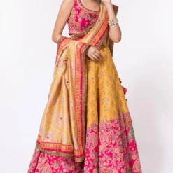Debyani Yellow & Pink Chanderi Silk Lehenga Set