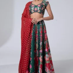 Siddhartha Bansal Sylvan Green-red Floral Printed Lehenga Set