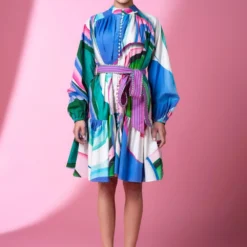 Siddhartha Bansal Meadow Mosaic Floral Printed Short Dress With Belt