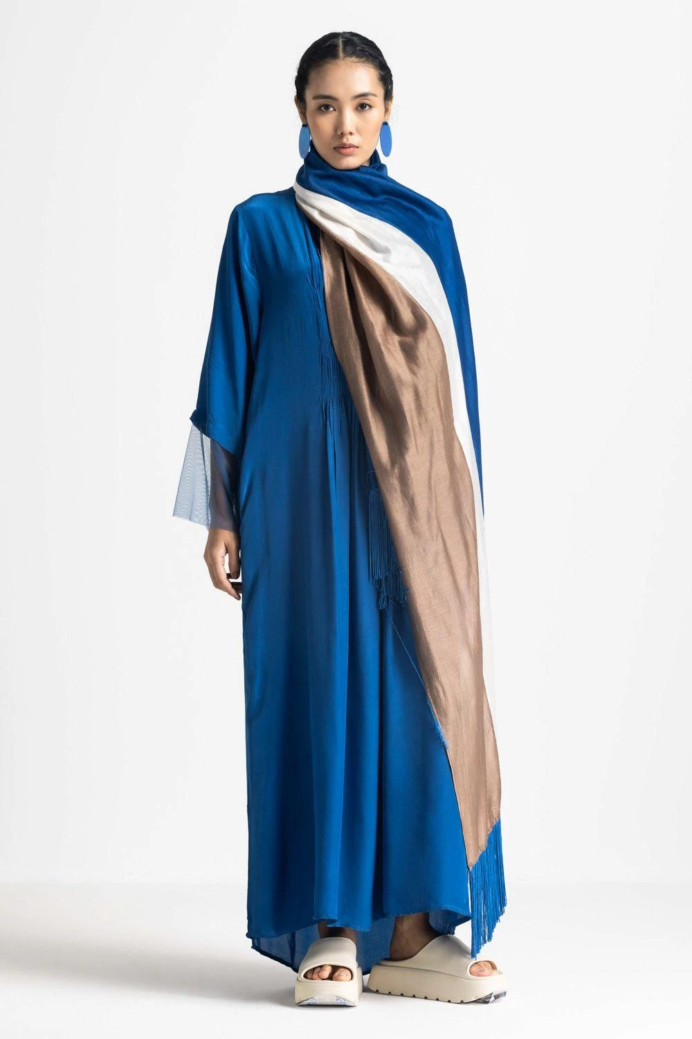 Three Electric Blue Maxi Dress With A Fringe Scarf 1 Three Electric Blue Maxi Dress With A Fringe Scarf
