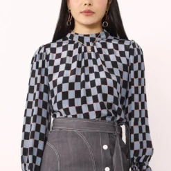 Moonray Sky Blue And Navy Checkered Print Blouse