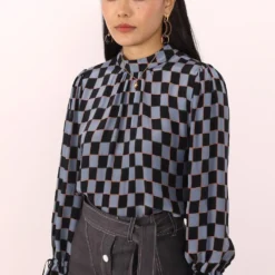 Moonray Sky Blue And Navy Checkered Print Blouse -Cheap Drapvera Store 76mr18 3