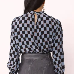 Moonray Sky Blue And Navy Checkered Print Blouse -Cheap Drapvera Store 76mr18 4