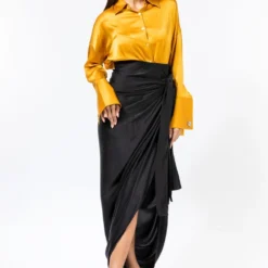 431-88 By Shweta Kapur Black Drape Satin Skirt