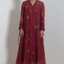 Merlot Embroidered Chanderi Dress With Slip