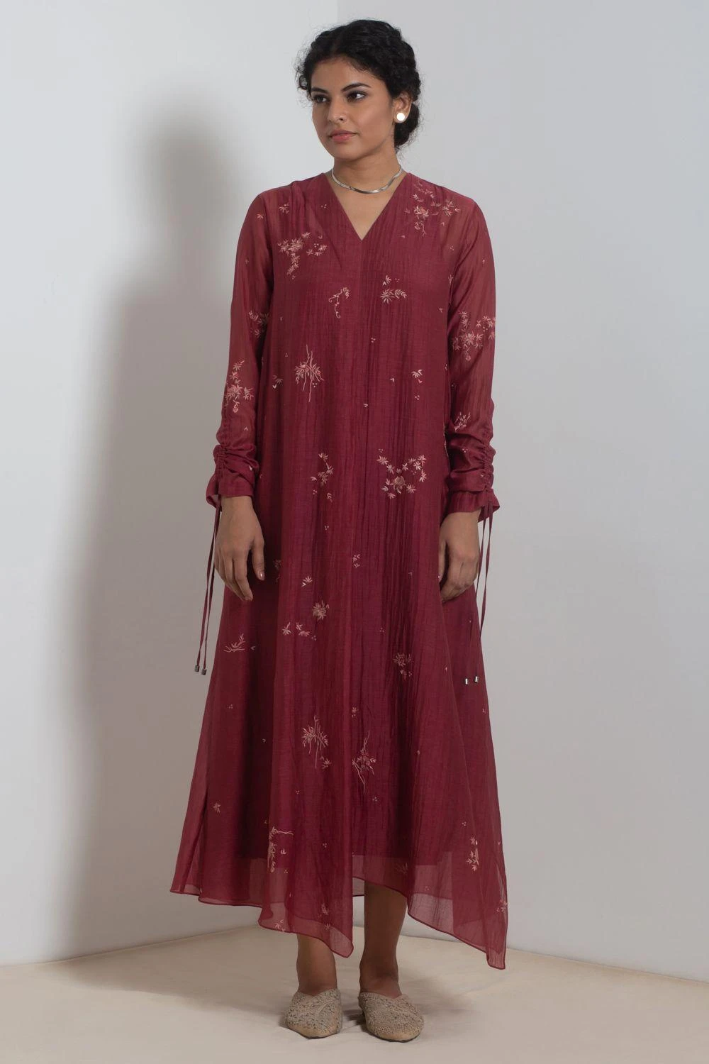 Merlot Embroidered Chanderi Dress With Slip 1 Merlot Embroidered Chanderi Dress With Slip