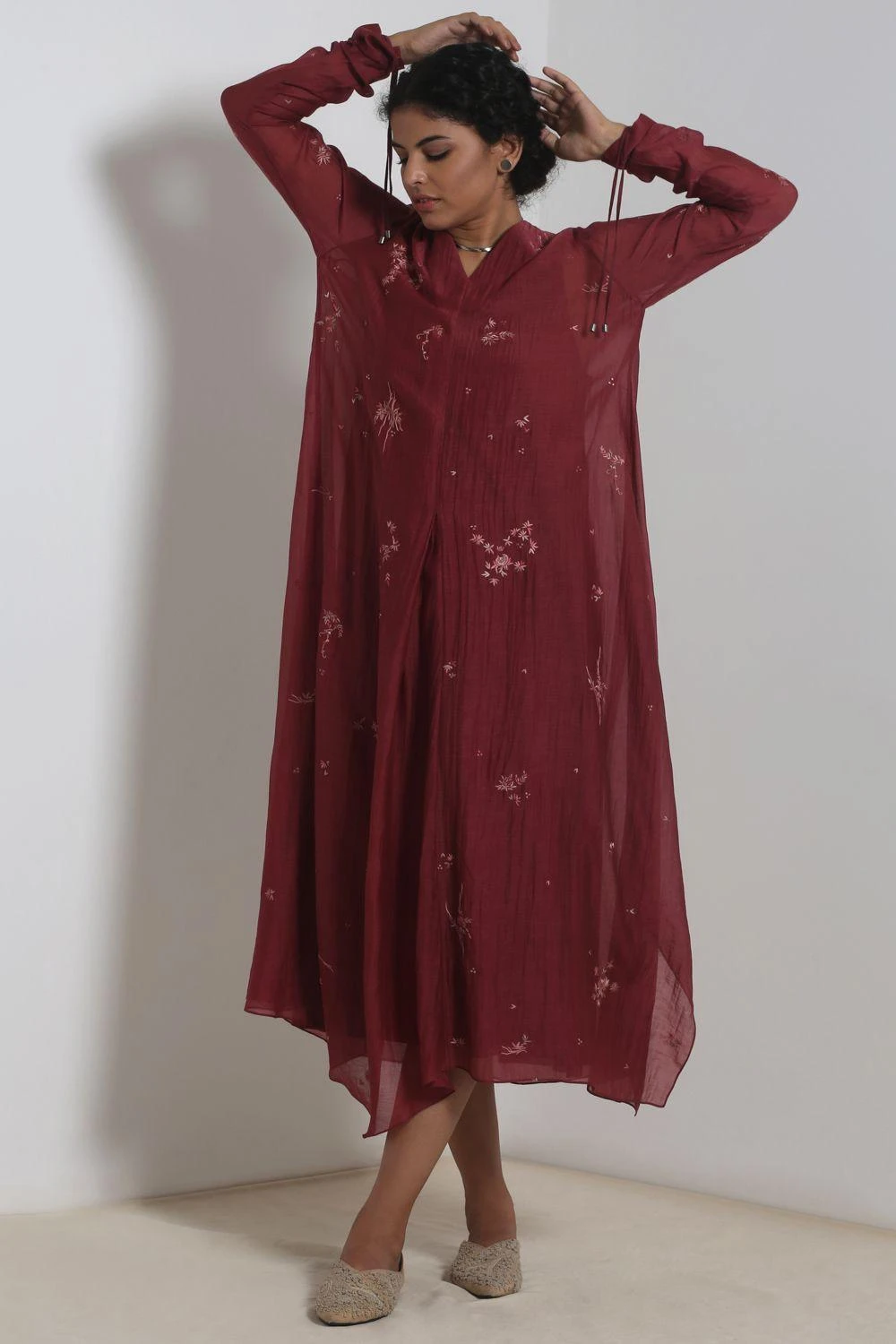 Merlot Embroidered Chanderi Dress With Slip 2 Merlot Embroidered Chanderi Dress With Slip - Image 2