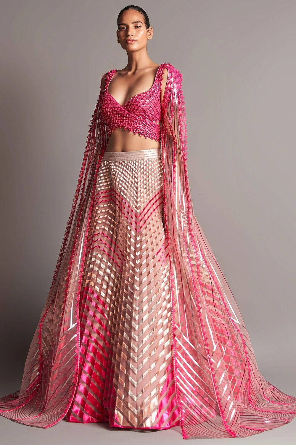 Amit Aggarwal Fuchsia Plisse Flowy Lehenga 1 Amit Aggarwal Fuchsia Plisse Flowy Lehenga