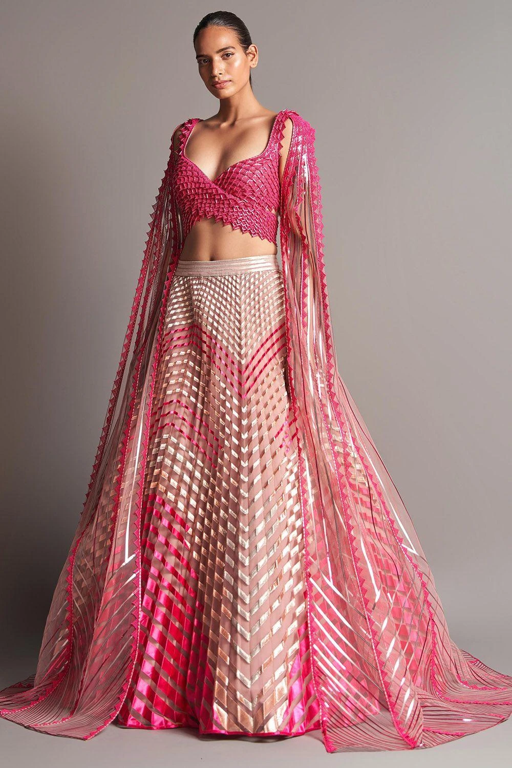 Amit Aggarwal Fuchsia Plisse Flowy Lehenga 2 Amit Aggarwal Fuchsia Plisse Flowy Lehenga - Image 2