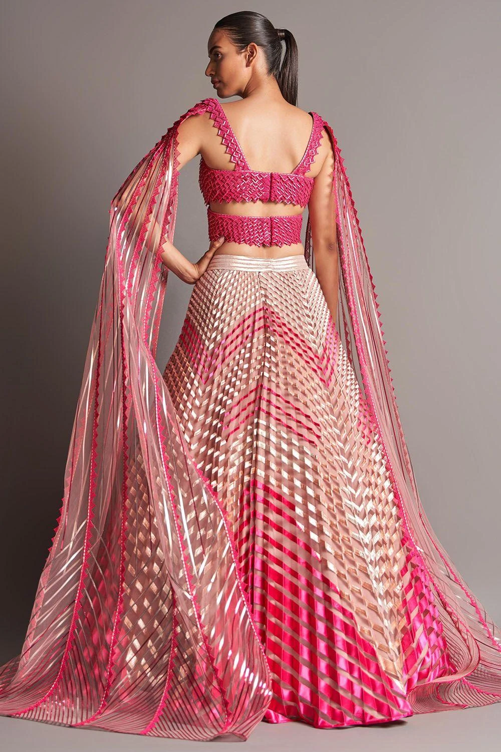 Amit Aggarwal Fuchsia Plisse Flowy Lehenga 3 Amit Aggarwal Fuchsia Plisse Flowy Lehenga - Image 3