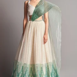 Amit Aggarwal Ivory & Emerald Metallic Winged Lehenga
