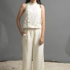 Ahmev Ivory Silk Pants With Tie-up Waist