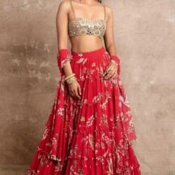 Arpita Mehta Red Floral Print Tiered Lehenga Set