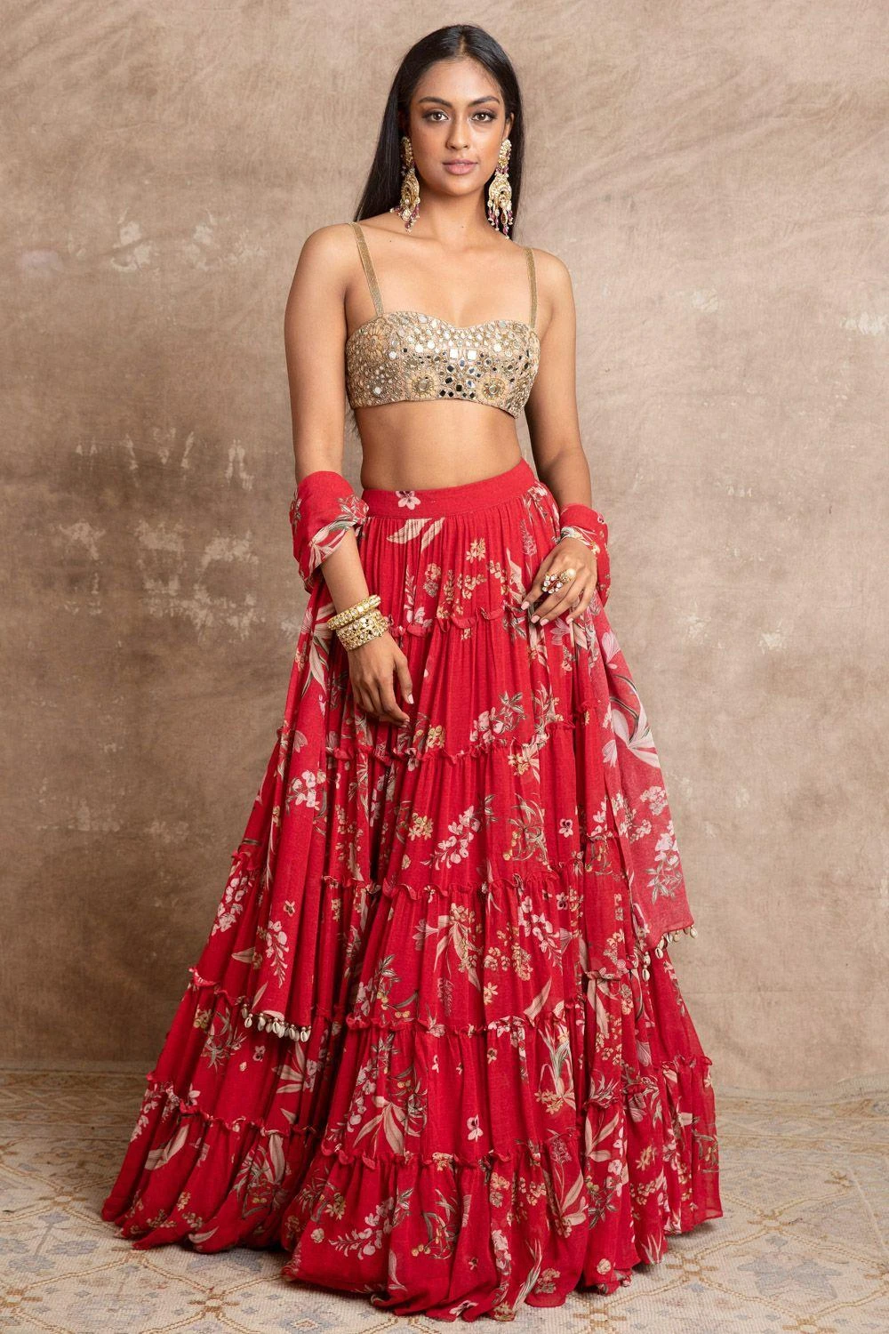Arpita Mehta Red Floral Print Tiered Lehenga Set 1 Arpita Mehta Red Floral Print Tiered Lehenga Set