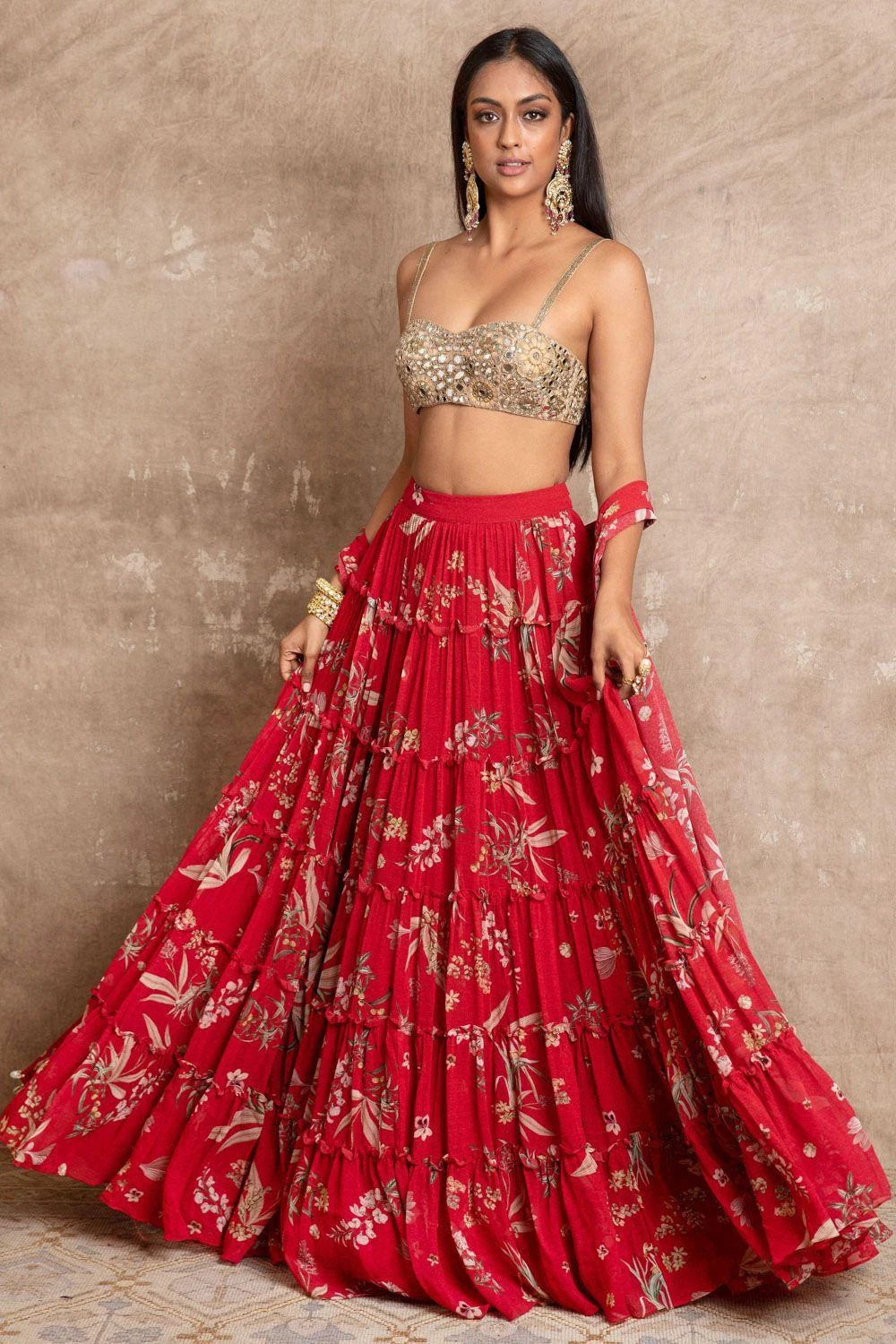 Arpita Mehta Red Floral Print Tiered Lehenga Set 2 Arpita Mehta Red Floral Print Tiered Lehenga Set - Image 2