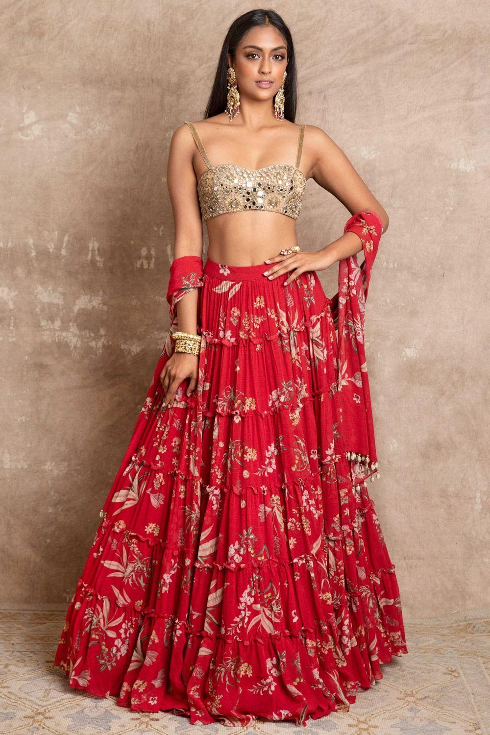 Arpita Mehta Red Floral Print Tiered Lehenga Set 3 Arpita Mehta Red Floral Print Tiered Lehenga Set - Image 3