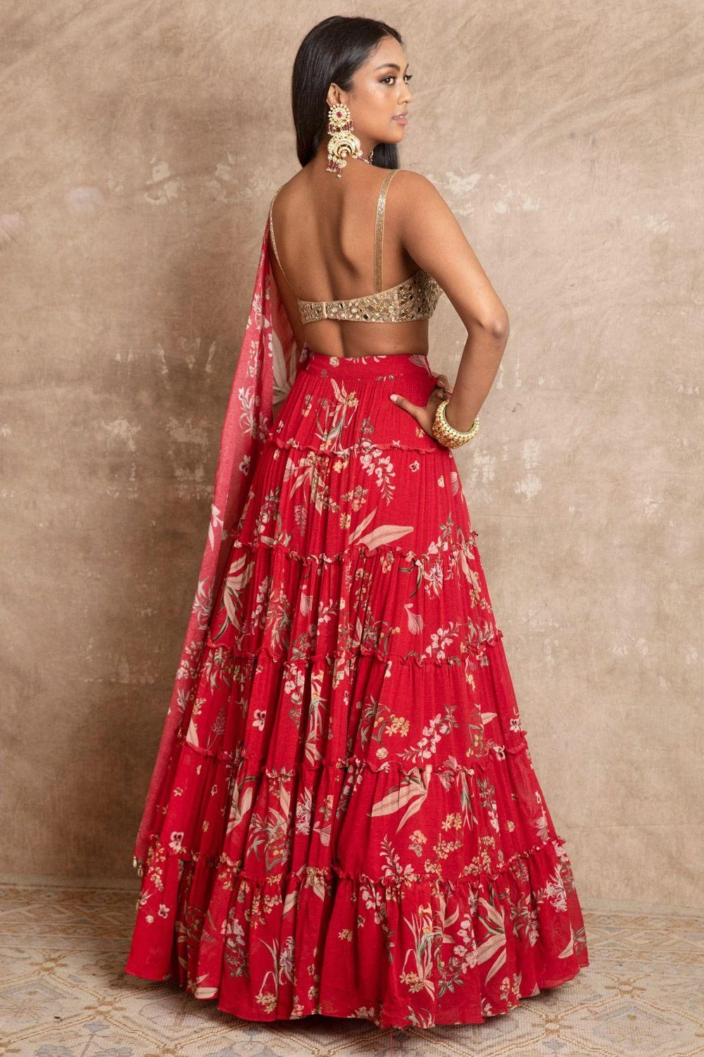 Arpita Mehta Red Floral Print Tiered Lehenga Set 4 Arpita Mehta Red Floral Print Tiered Lehenga Set - Image 4