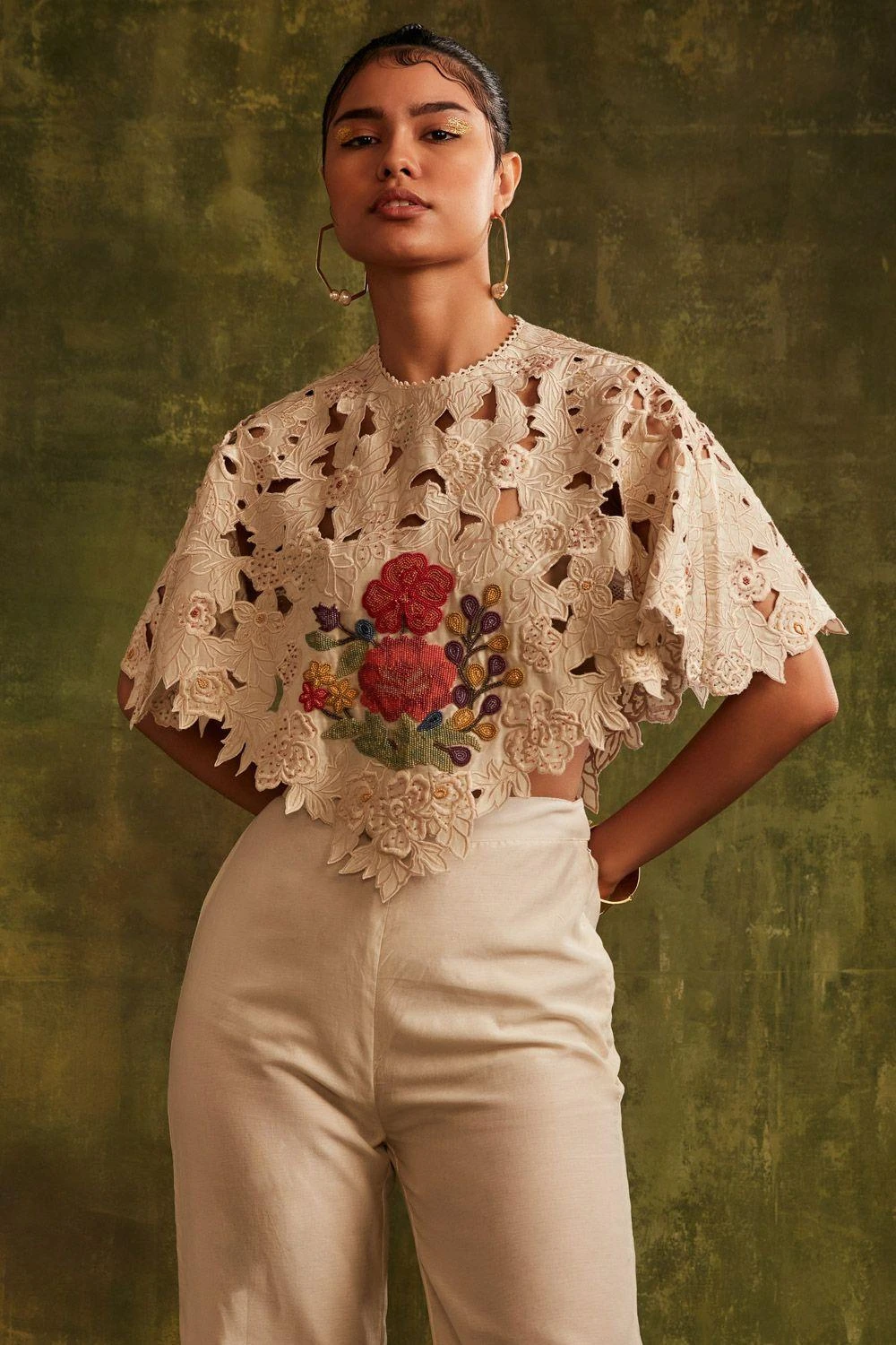 Chandrima Ivory Cutwork & Beadwork Poncho 1 Chandrima Ivory Cutwork & Beadwork Poncho