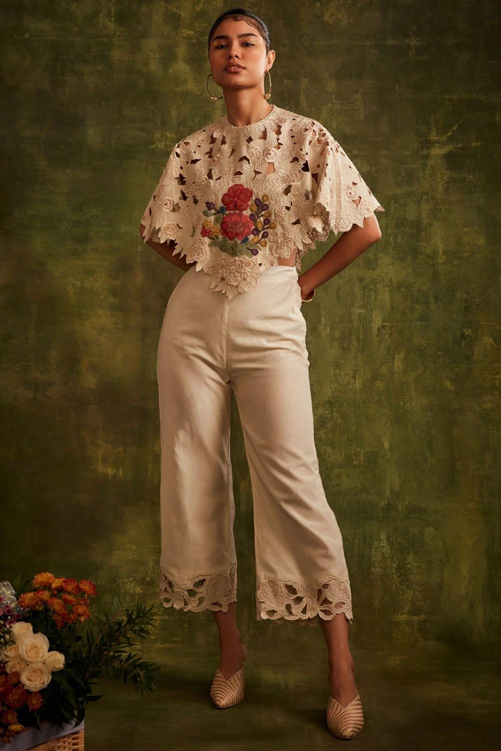 Chandrima Ivory Cutwork & Beadwork Poncho 2 Chandrima Ivory Cutwork & Beadwork Poncho - Image 2