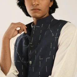 Countrymade Navy Hand Embroidered Linen Bundi -Cheap Drapvera Store cm ctd bd 05 3