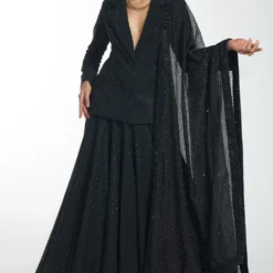 Itrh Black Crystal Lehenga & Blazer With Dupatta