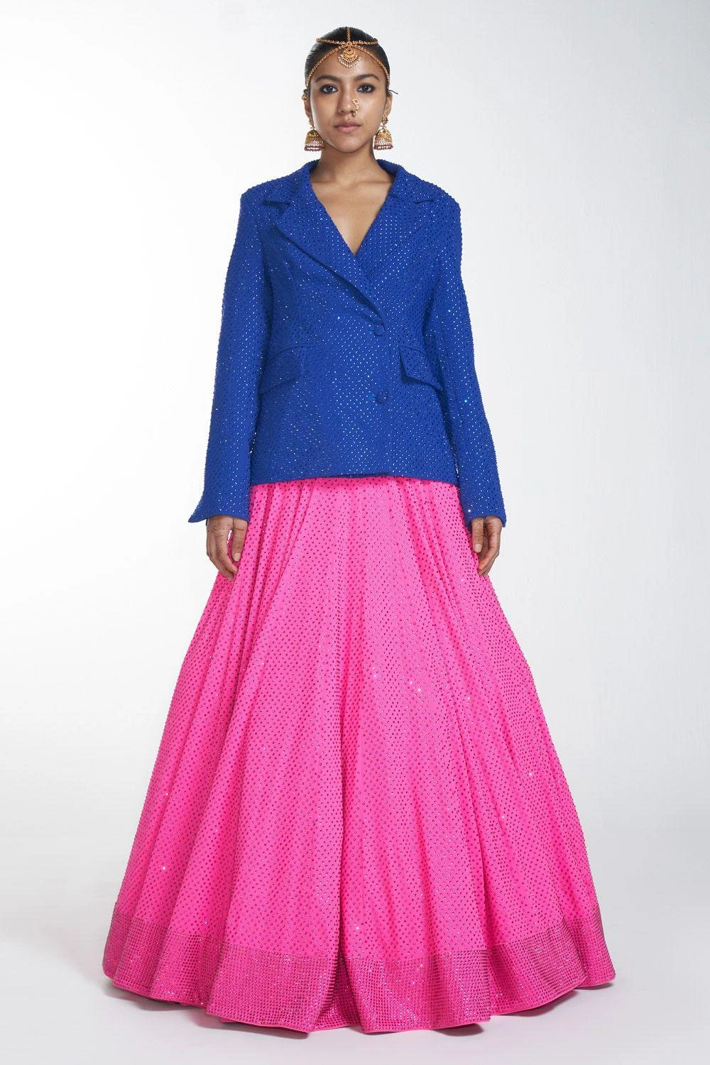 Itrh Blue Crystal Blazer & Pink Lehenga Set 1 Itrh Blue Crystal Blazer & Pink Lehenga Set