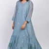 Ekadi Slate Blue Chanderi Silk Dress With Pleated Hem