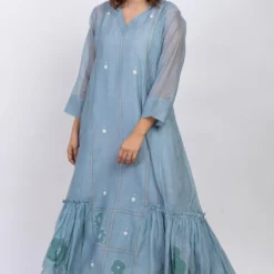 Ekadi Slate Blue Chanderi Silk Dress With Pleated Hem