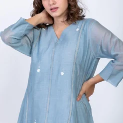 Ekadi Slate Blue Chanderi Silk Dress With Pleated Hem -Cheap Drapvera Store ekad14 4