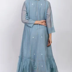 Ekadi Slate Blue Chanderi Silk Dress With Pleated Hem -Cheap Drapvera Store ekad14 5