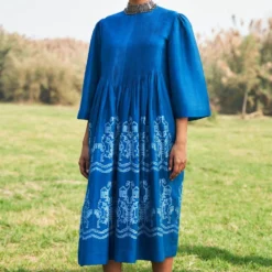 Ikai Slate Blue Shibori Dyed Chanderi Dress