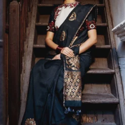 Mimamsaa Charcoal & Ivory Munga Silk Blouse