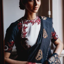 Mimamsaa Charcoal & Ivory Munga Silk Blouse -Cheap Drapvera Store mim01201 3