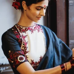 Mimamsaa Charcoal & Ivory Munga Silk Blouse -Cheap Drapvera Store mim01201 4