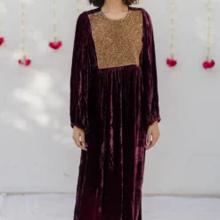 Mimamsaa Burgundy Hand Embroidered Velvet Kaftan Dress
