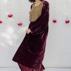 Mimamsaa Burgundy Hand Embroidered Velvet Kaftan Dress -Cheap Drapvera Store mimrj004 3