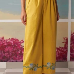 Ikai Mustard Palazzos With Floral Applique Details