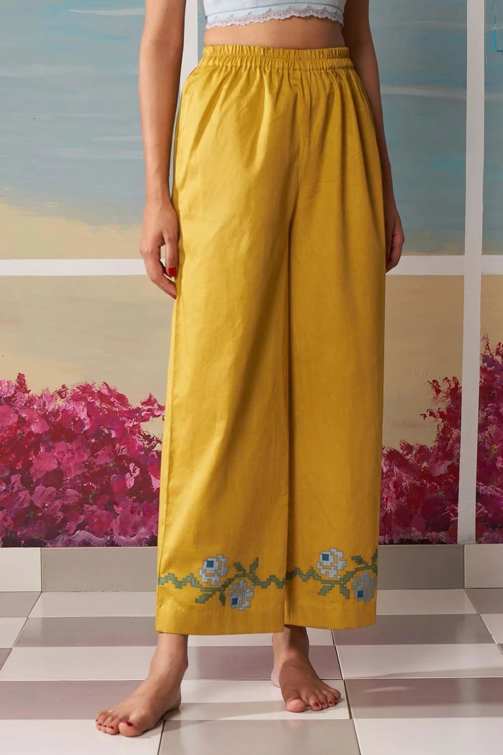 Ikai Mustard Palazzos With Floral Applique Details 1 Ikai Mustard Palazzos With Floral Applique Details