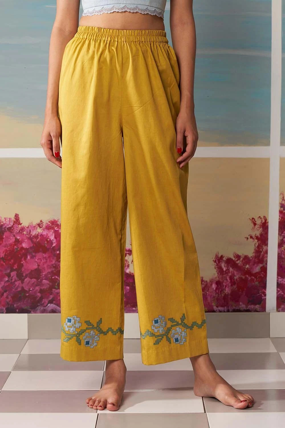 Ikai Mustard Palazzos With Floral Applique Details 2 Ikai Mustard Palazzos With Floral Applique Details - Image 2
