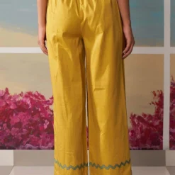 Ikai Mustard Palazzos With Floral Applique Details 5 Ikai Mustard Palazzos With Floral Applique Details -Cheap Drapvera Store pnt3125 3