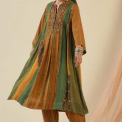 Sunira Designs Green & Yellow Pintuck Pleated Dress