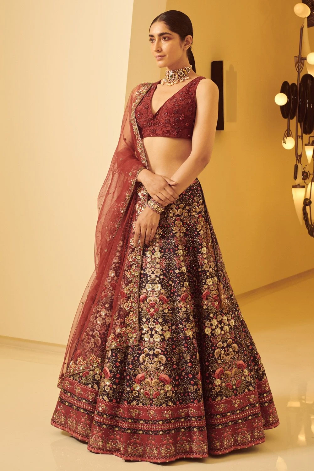 Varun Bahl Maroon Embellished Lehenga Set 3 Varun Bahl Maroon Embellished Lehenga Set - Image 3